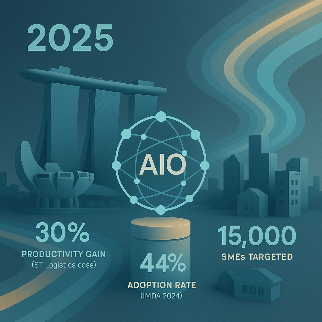 3D infographic of AIO impact on Singapore 2025 businesses, with Marina Bay Sands backdrop, showing 30% logistics productivity, 44% enterprise adoption, and 15,000 SME targets, featuring HDB and AIO nodes.