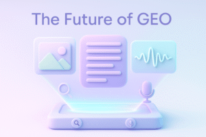 3D futuristic interface with holographic display of text, images, and voice waves, symbolizing multimodal AI and voice integration in pastel lavender, mint green, and pale blue.
