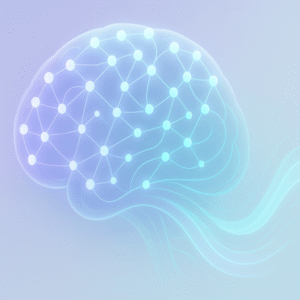 3D digital brain with interconnected nodes and flowing data streams, symbolizing AI-driven search optimization in soft pastel colors like lavender, mint green, and pale blue.