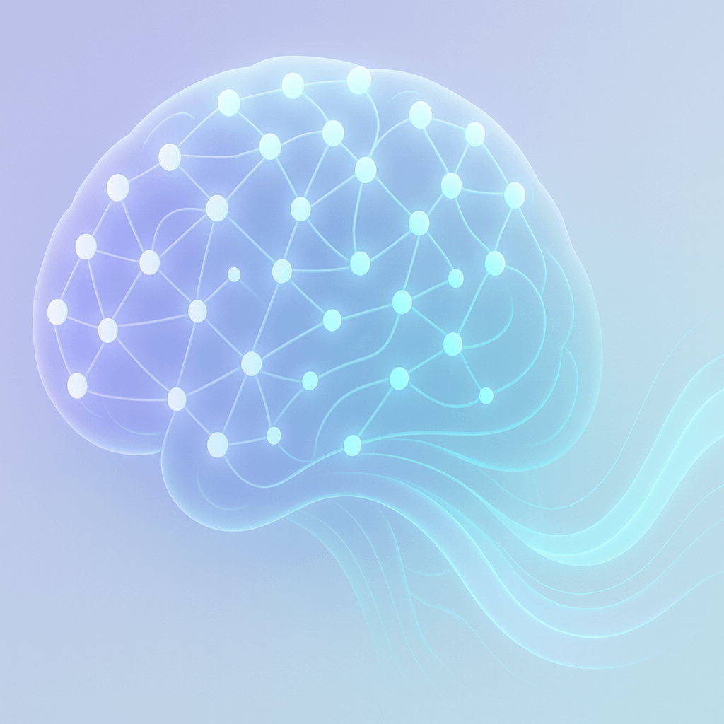 3D digital brain with interconnected nodes and flowing data streams, symbolizing AI-driven search optimization in soft pastel colors like lavender, mint green, and pale blue.