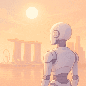 Futuristic artwork of SEO vision 2025 with AI neural network and data stream in teal and orange on a light gray wave background.