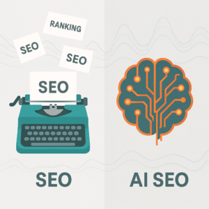 Illustration comparing SEO vs AI SEO evolution, featuring a typewriter for traditional SEO and an AI brain circuit for AI SEO, connected by data waves on a light gray gradient.