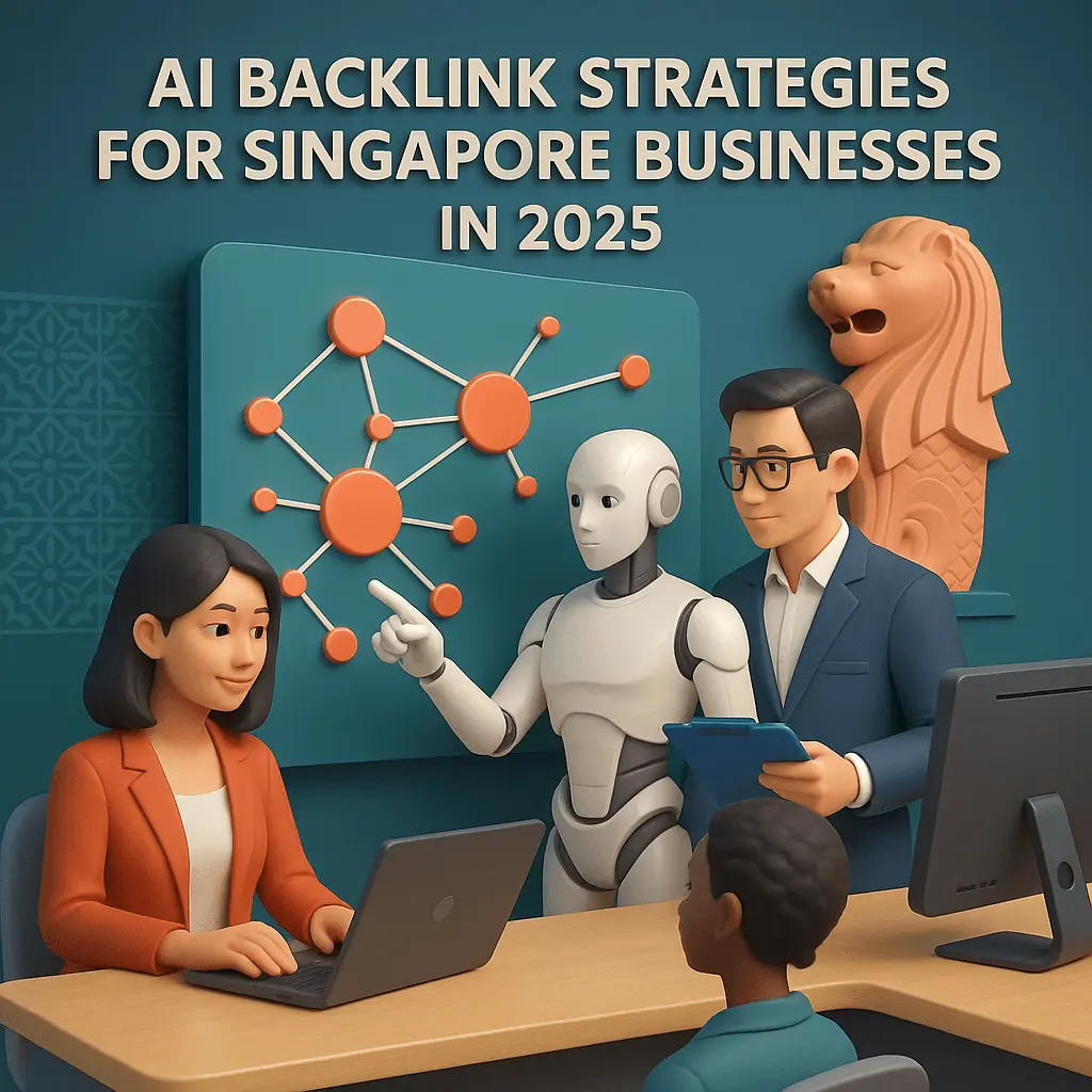 A robot showing an AI backlinks strategy in front of a business team