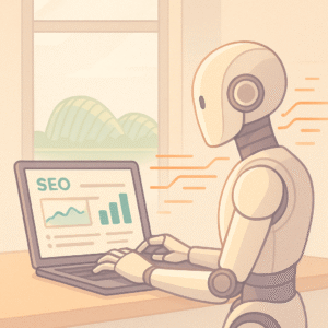 Modern illustration of a robot doing SEO tasks on a laptop with a subtle Gardens by the Bay view in light gray, accented by orange data lines.