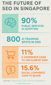 Infographic of Singapore SEO future 2025 with AI adoption and e-commerce growth stats in teal and orange on a light gray background.