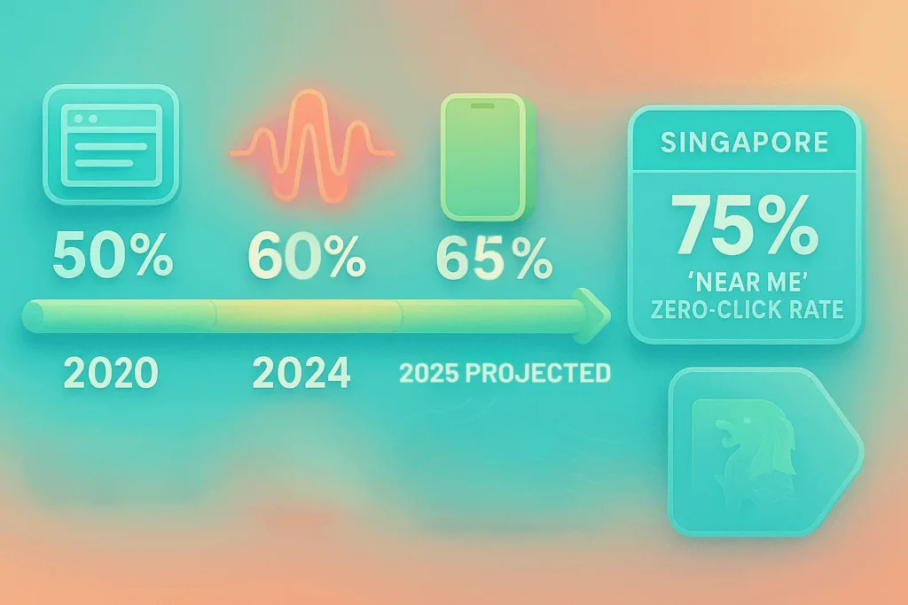 Infographic tracking zero-click search growth from 50% in 2019 to 65% in 2025, with Singapore’s 75% rate for local searches, in a vibrant 3D design.