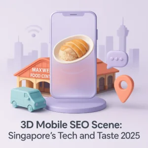 A modern 3D visual of a holographic smartphone over Maxwell Food Centre in Singapore, displaying Hainanese chicken rice, surrounded by teal delivery van, coral map pin, and lavender chat bubble icons. A subtle 5G wave and Orchard Road skyline in the background highlight mobile SEO innovation in 2025.