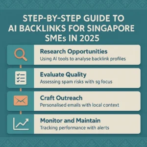 Infographic illustrating a step-by-step guide to implementing AI backlinks for Singapore SMEs in 2025, featuring research, evaluation, outreach, and monitoring steps.