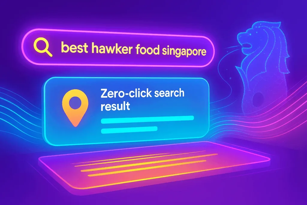 Visual of a 3D futuristic SERP for 'best hawker food Singapore' with a snippet and map pin, featuring AI streams and a subtle Merlion, in bright colours.