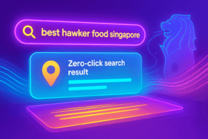 Visual of a 3D futuristic SERP for 'best hawker food Singapore' with a snippet and map pin, featuring AI streams and a subtle Merlion, in bright colours.