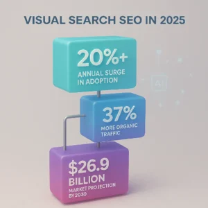 A modern 3D infographic displaying a vertical timeline of visual search SEO impact in 2025, with teal and magenta gradient blocks showing a 20%+ adoption surge, 37% traffic increase, and $26.9 billion market projection by 2030. Connected by gray lines against a soft textured background with AI node pulses, 2025.
