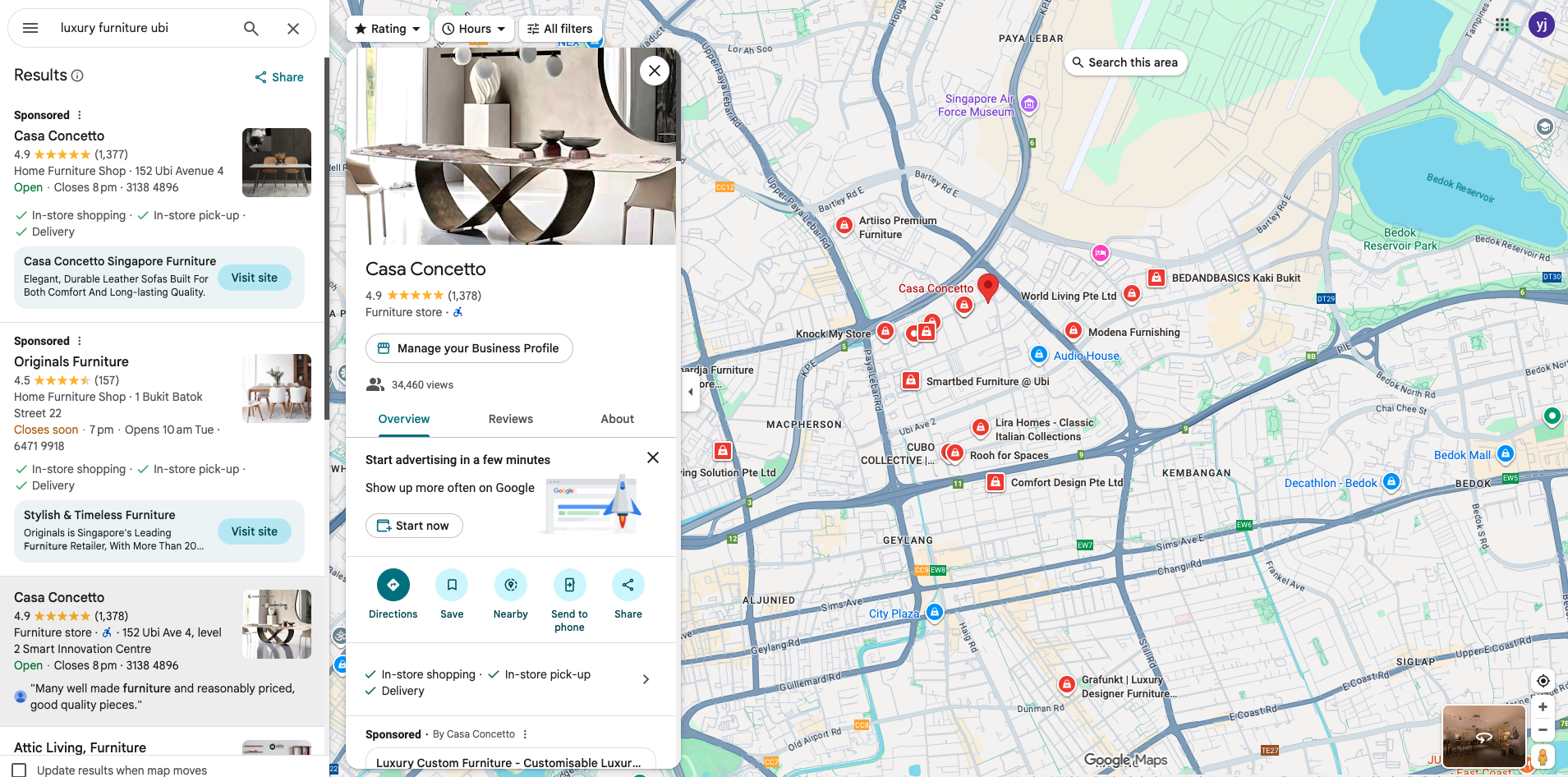 Screenshot of luxury furniture ubi in local SEO results Screenshot of luxury furniture ubi in local SEO results