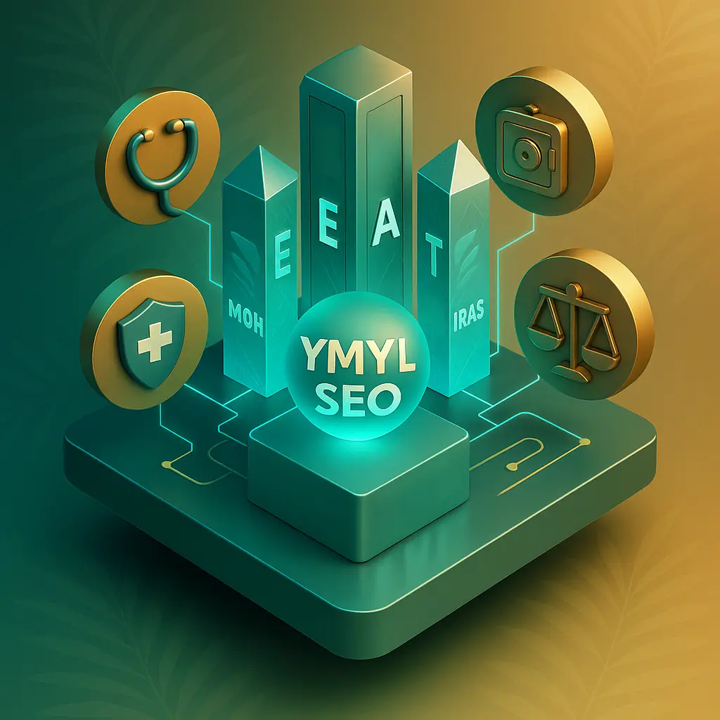 YMYL SEO Core: Orbiting Icons of Trust in Singapore's High-Tech Future 3D abstract illustration of a glowing YMYL SEO core orbited by healthcare stethoscope, finance vault, and legal scales icons, intertwined with crystalline E-E-A-T pillars featuring MOH, MAS, and IRAS emblems, connected by neon circuits in metallic teal and gold tones against a subtle tropical leaf background.