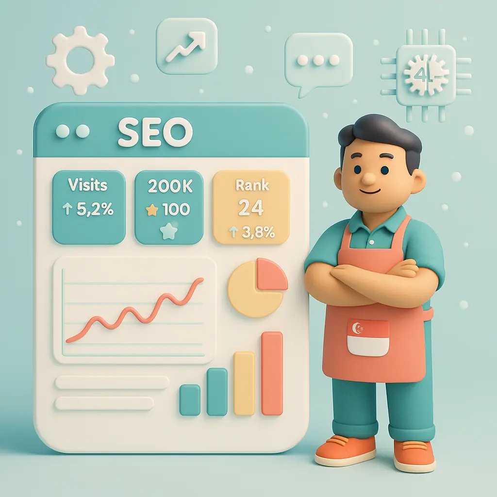 3D illustration of a Singapore SME owner using AI SEO dashboards for continuous marketing optimisation