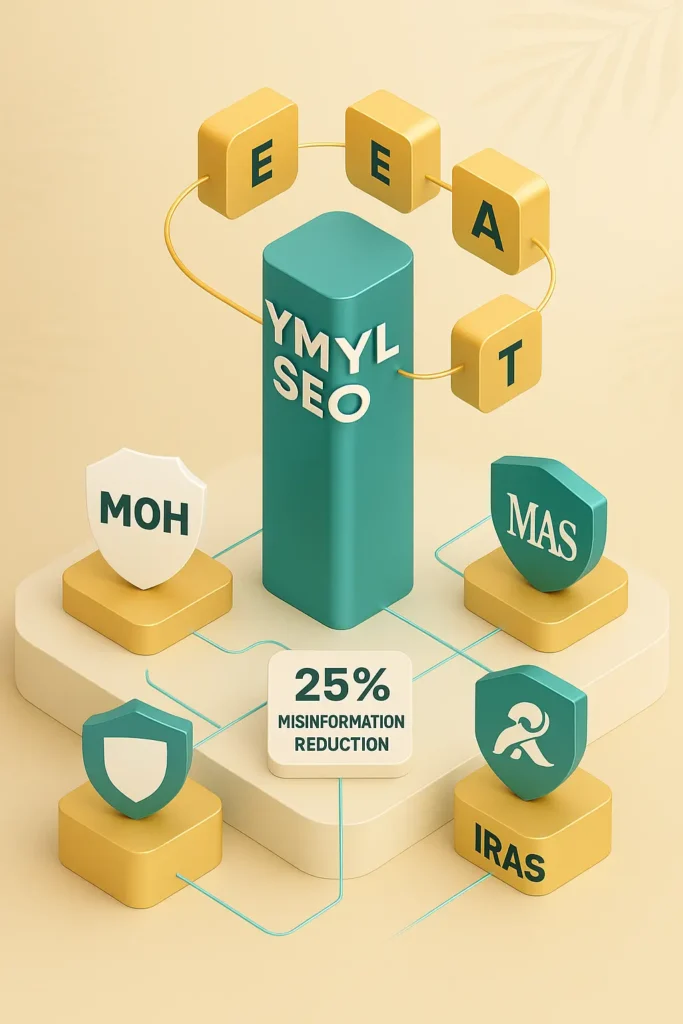 Minimalist 3D infographic showing a central metallic teal YMYL SEO pillar with orbiting gold E-E-A-T blocks and MOH, MAS, IRAS badges, linked by neon circuits highlighting '25% misinformation reduction' stat, on a gold gradient background with faint tropical leaf patterns.