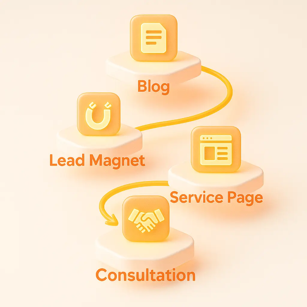 3D infographic illustrating the AI SEO funnel for Singapore SMEs — blog to lead magnet to service page to consultation — in bright warm colours.