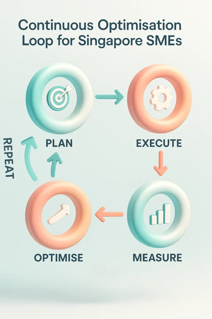 Infographic showing the cycle of plan, execute, measure, optimise, and repeat in AI SEO marketing.