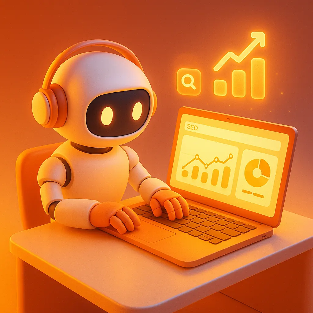 3D robot sitting at a bright workstation analysing SEO charts on a laptop, symbolising AI-powered marketing automation for Singapore SMEs.
