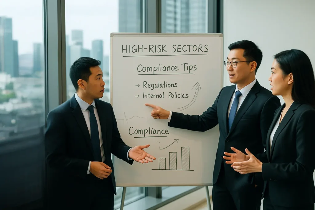Realistic photo of four diverse Singaporean business professionals—two men and two women in smart attire—lively discussing ideas in front of a whiteboard labeled 'High-Risk Sectors' with 'Compliance Tips' sketches, under natural daylight from floor-to-ceiling windows in a modern corporate office.