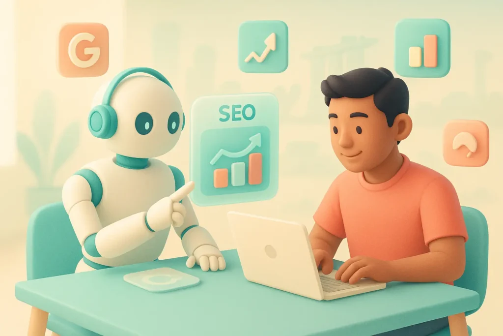 3D illustration of a marketer and AI assistant analysing SEO data in a Singapore office.