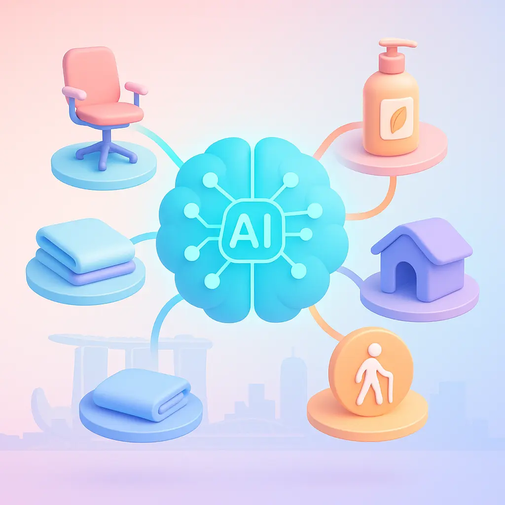 AI brain mapping to e-commerce category icons representing AI-driven merchandising.
