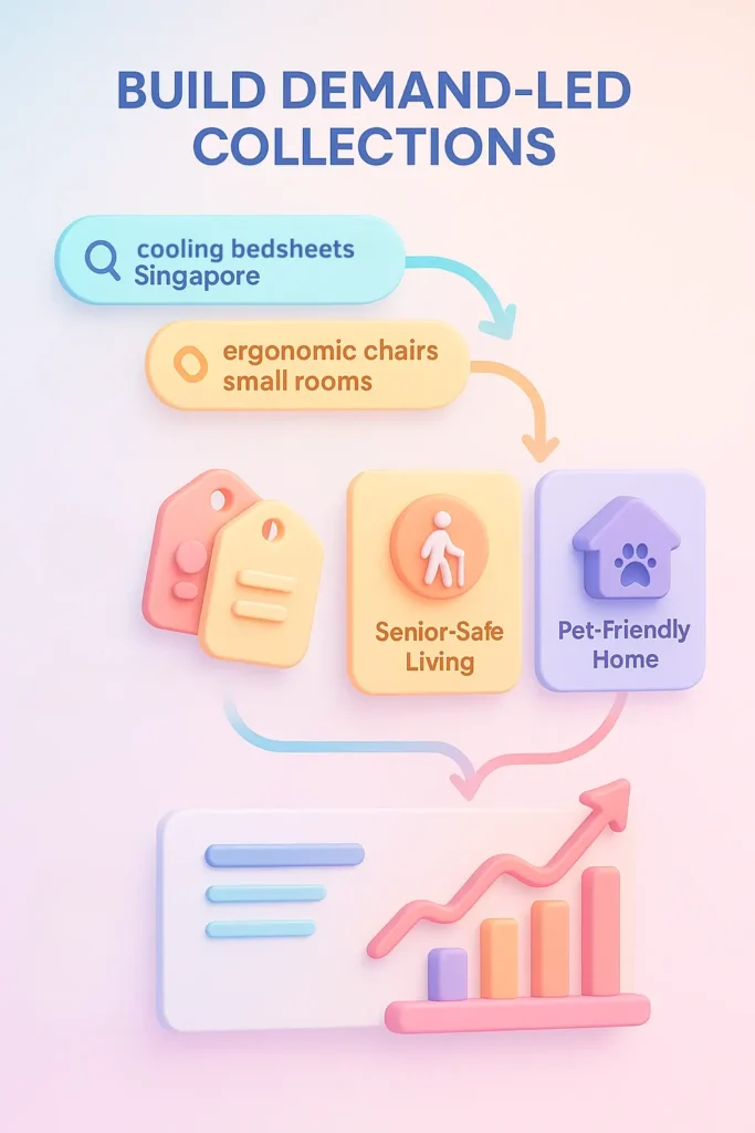 Four-step AI workflow showing how keyword demand becomes dynamic e-commerce collections.