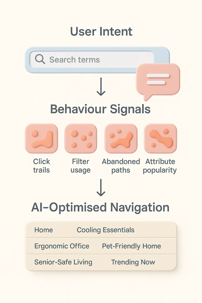 Layered infographic showing user intent, behavioural signals, and AI-optimised navigation structure.