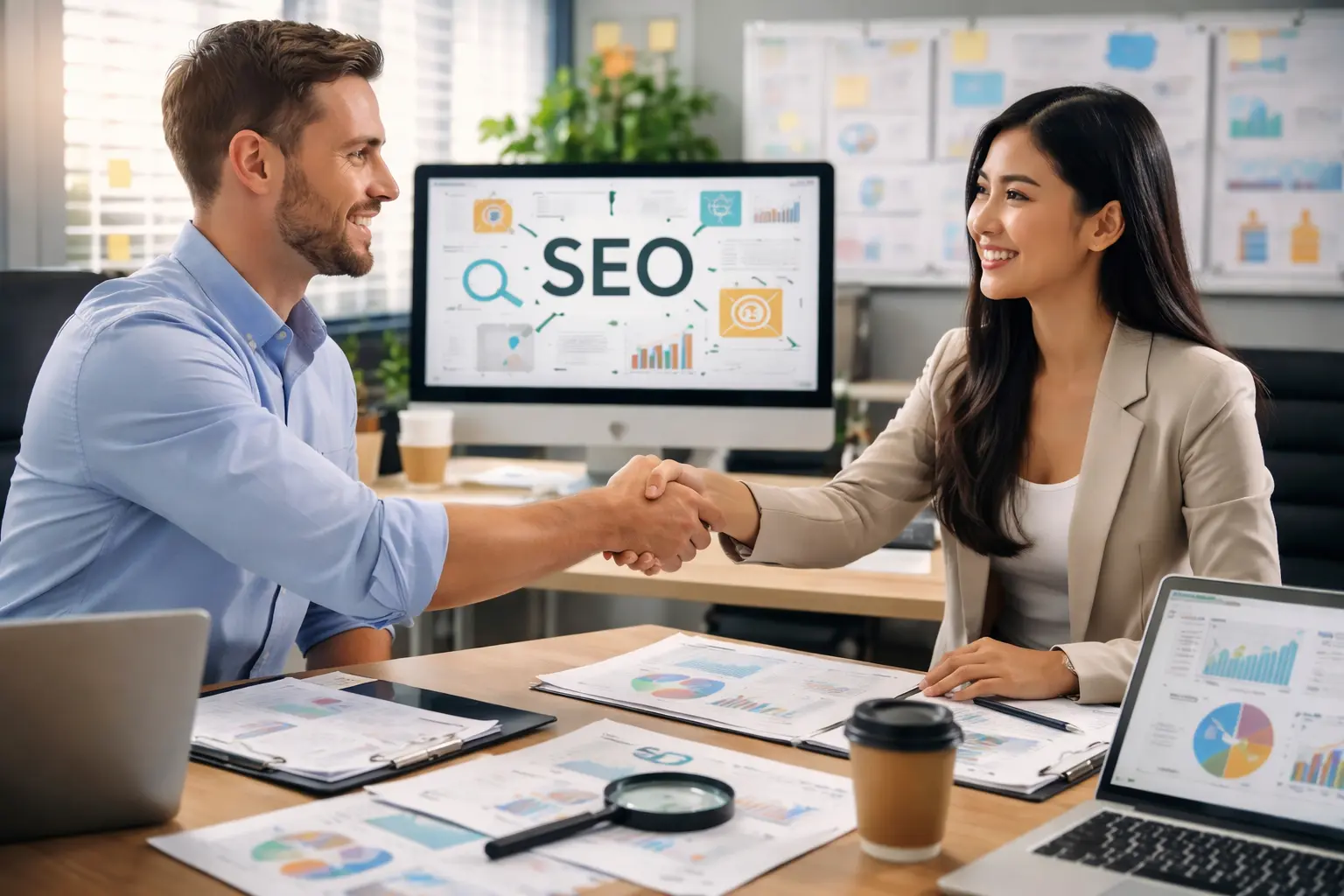Two SEO Specialists holding hands in front of a computer screen with an SEO title on it