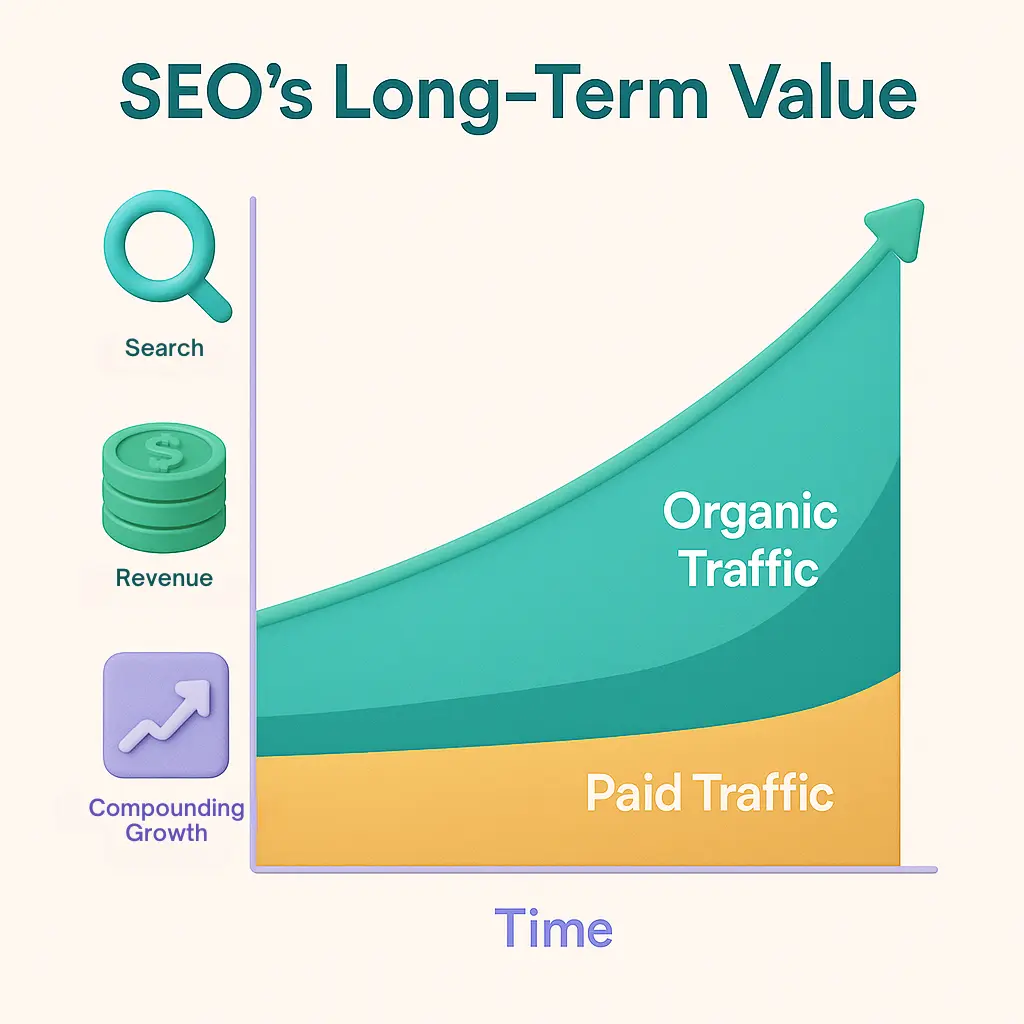 Infographic showing how SEO drives long-term ROI by contributing the majority of website traffic and sustained revenue growth.