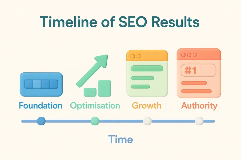 Infographic illustrating how long SEO takes to show results, from early optimisation to competitive first-page rankings.