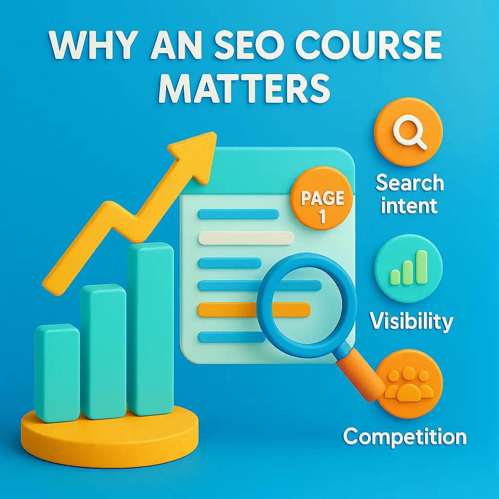 A 3D infographic showing an upward-trending graph, magnifying glass over a webpage, a highlighted Page 1 badge, and icons representing search intent, visibility, and competition in bright modern colours.