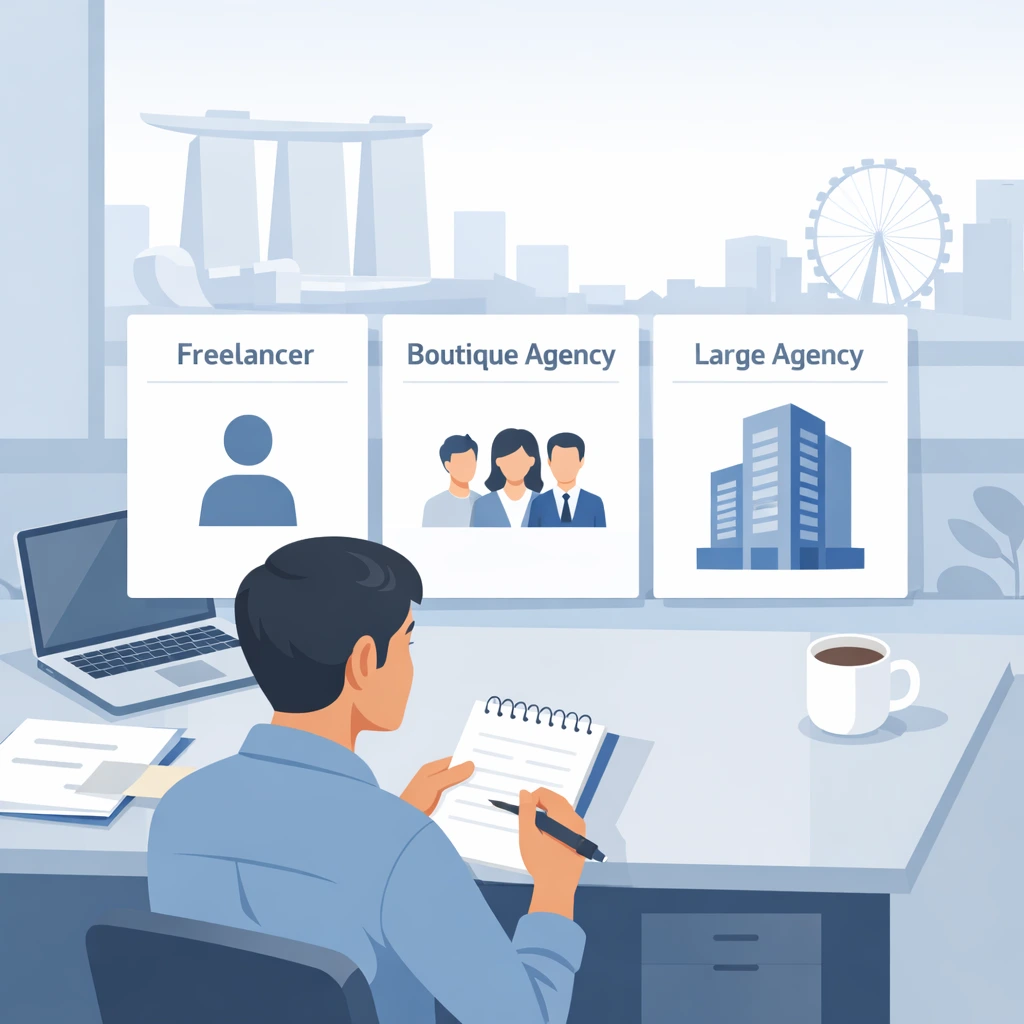 Small business owner in Singapore comparing SEO agency options, including freelancer, boutique agency, and large agency providers.