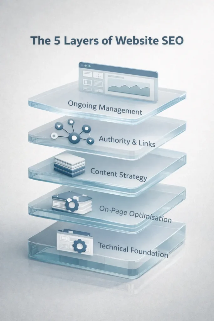 3D layered infographic showing the five core components of website SEO including technical foundation, content strategy, authority building and performance management.