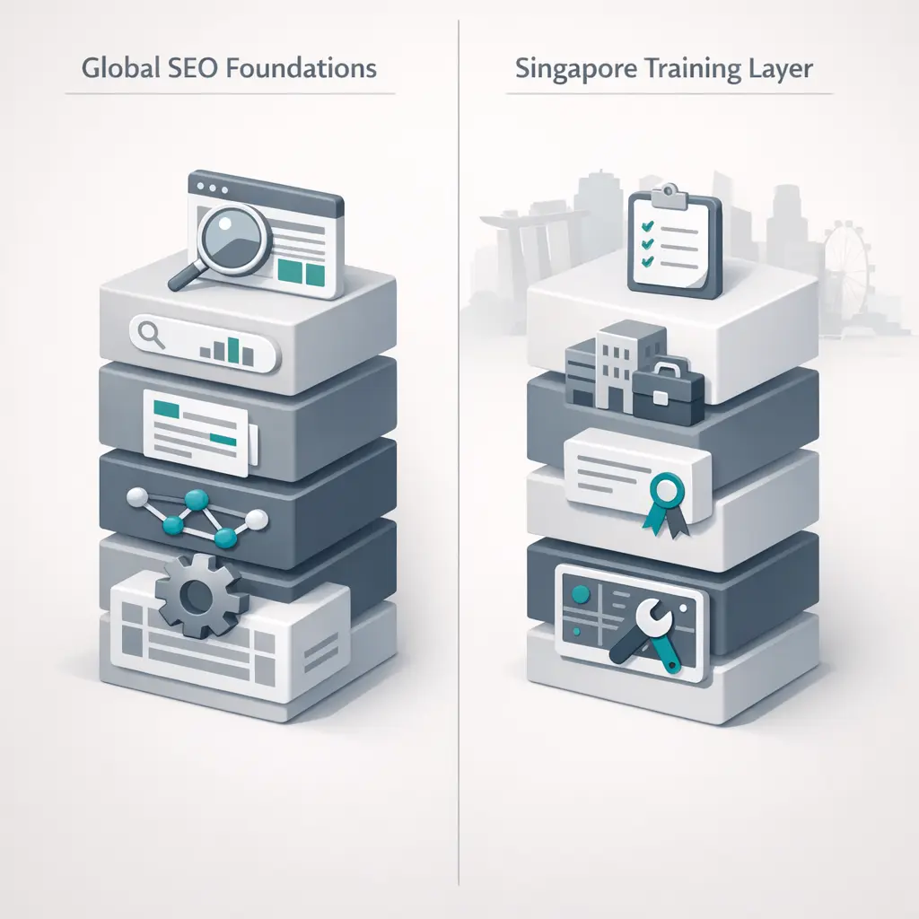 3D infographic comparing global SEO training fundamentals with Singapore’s WSQ-based structured training approach, including assessments and SkillsFuture funding.