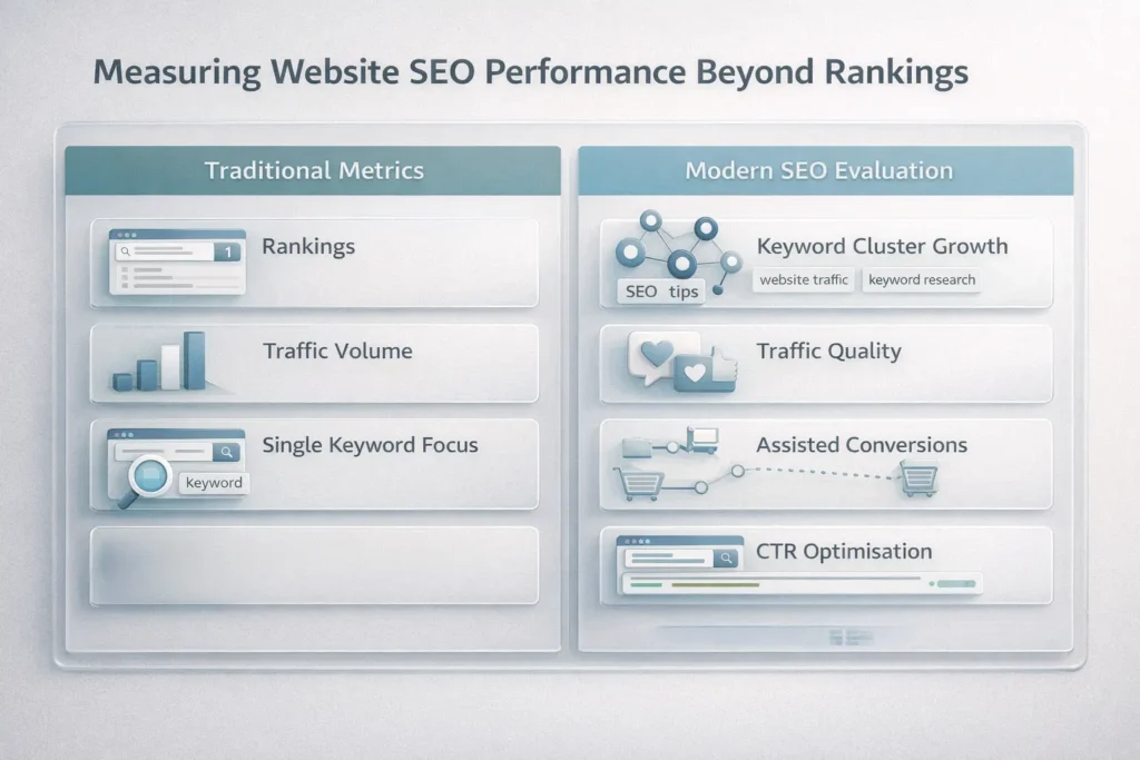 3D dashboard infographic comparing traditional SEO metrics with modern performance indicators including keyword clusters, assisted conversions and AI Overview visibility.
