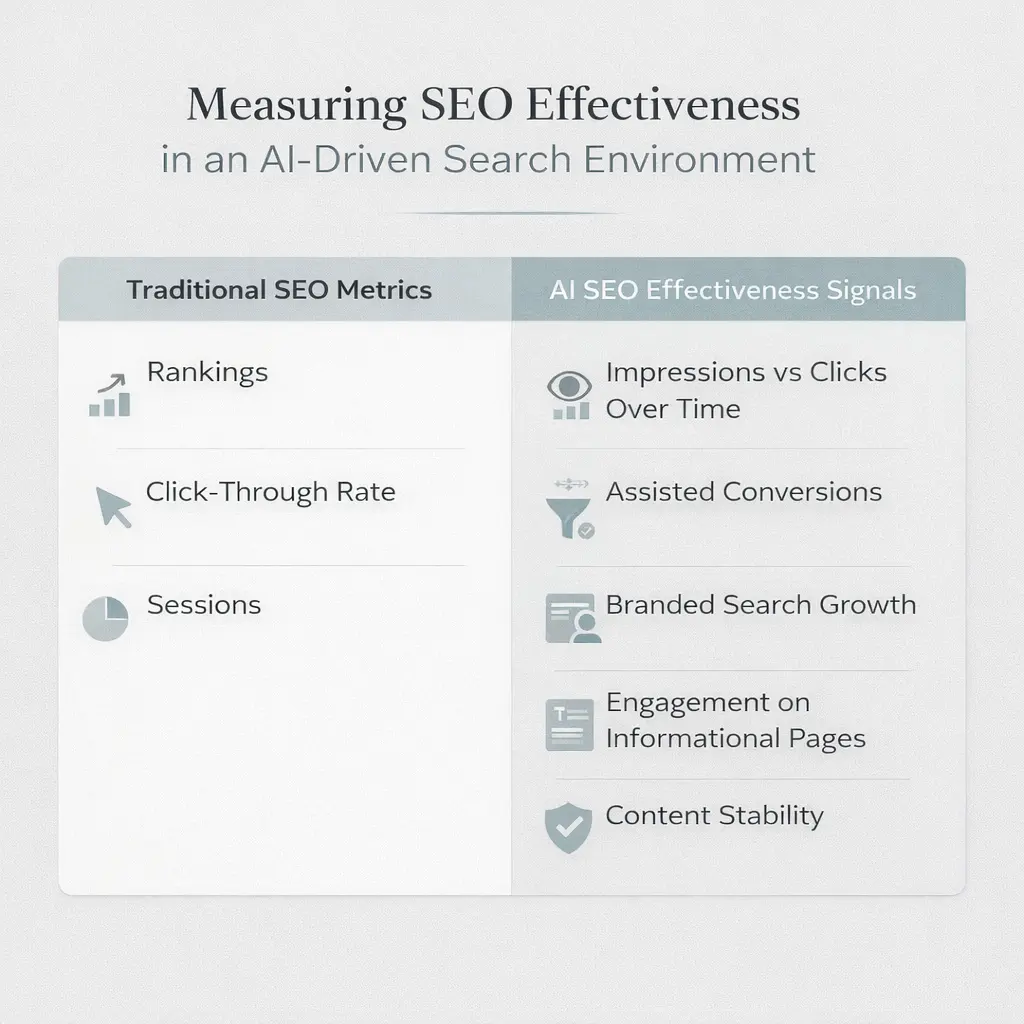 Infographic comparing traditional SEO metrics with AI SEO effectiveness signals such as impressions, assisted conversions, engagement, and content stability.