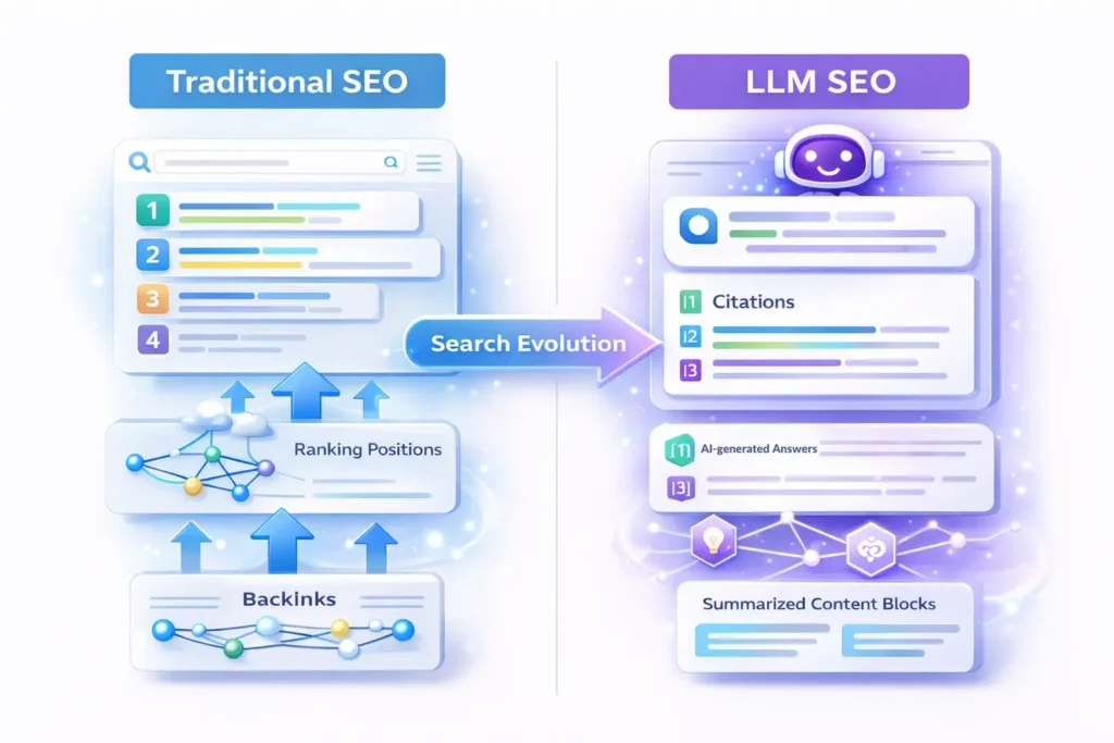 Infographic comparing traditional SEO ranking strategies with LLM SEO focused on AI citations and generated answers.