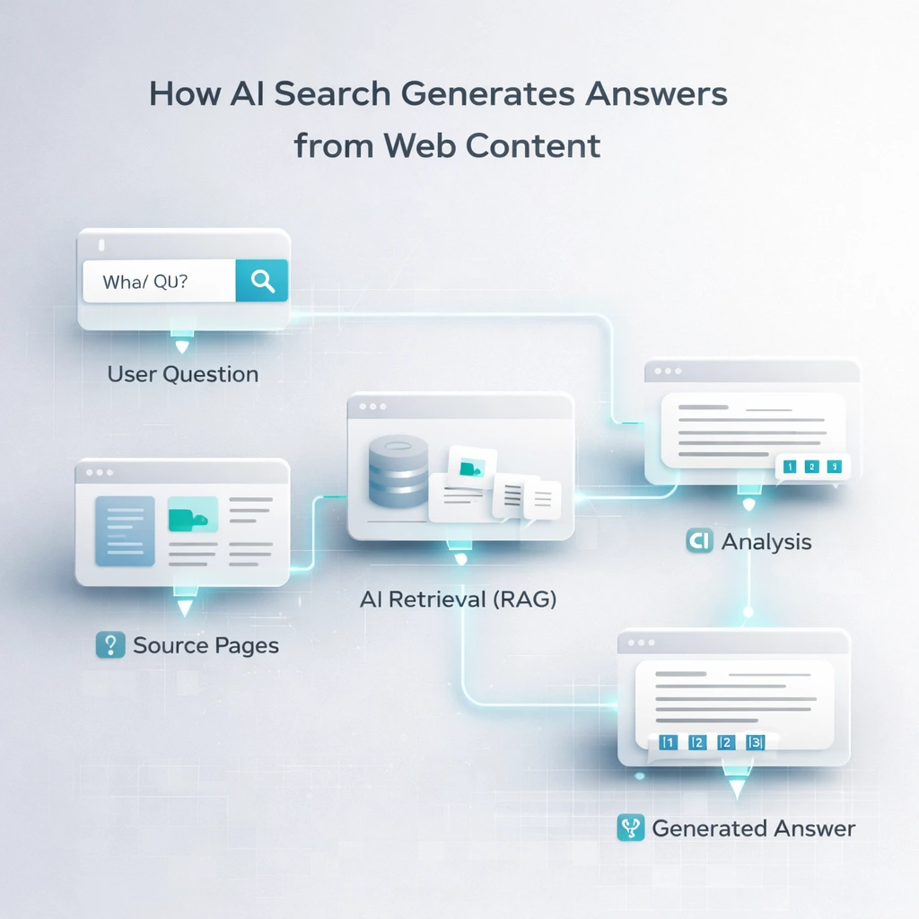 How AI search engines retrieve webpages using retrieval-augmented generation and synthesise them into AI-generated answers.