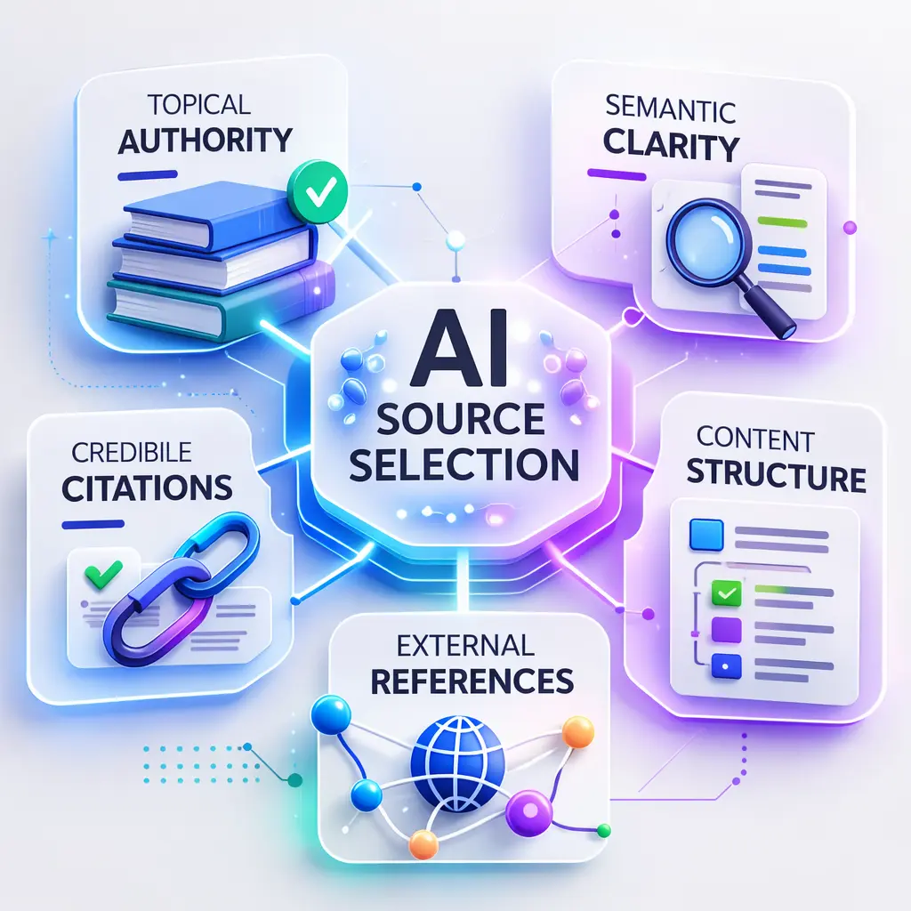 Infographic explaining the signals AI models use to choose sources including authority, structured content, and citations.