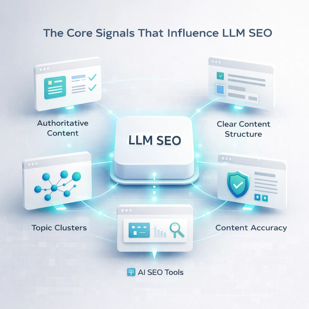 3D infographic showing five optimisation signals that influence LLM SEO including authoritative content, clear structure, topic clusters, content accuracy and AI SEO tools.