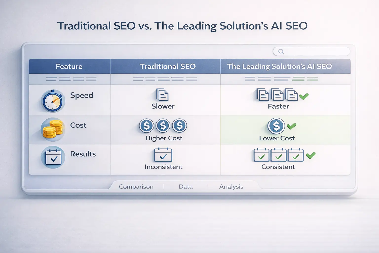 comparison chart of traditional SEO vs AI SEO showing differences in speed, cost and results with AI SEO delivering faster, lower cost and more consistent performance
