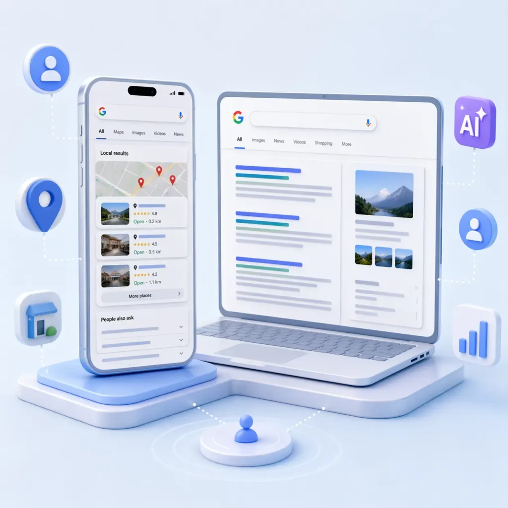 Infographic showing factors like location, device and user behaviour affecting Google search results