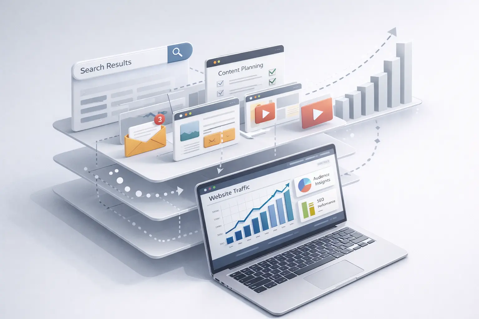 3D illustration of a structured digital marketing system showing SEO, content, and analytics layers connected to a laptop dashboard, representing AI-driven SEO growth for Singapore SMEs