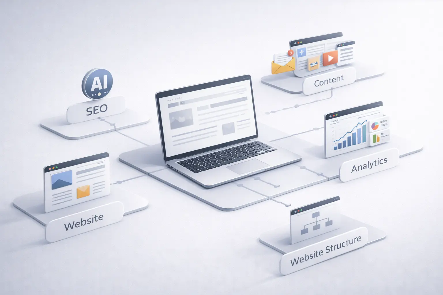 3D diagram of an AI SEO framework showing website, content, analytics, and site structure connected to a central platform, illustrating a structured digital marketing system