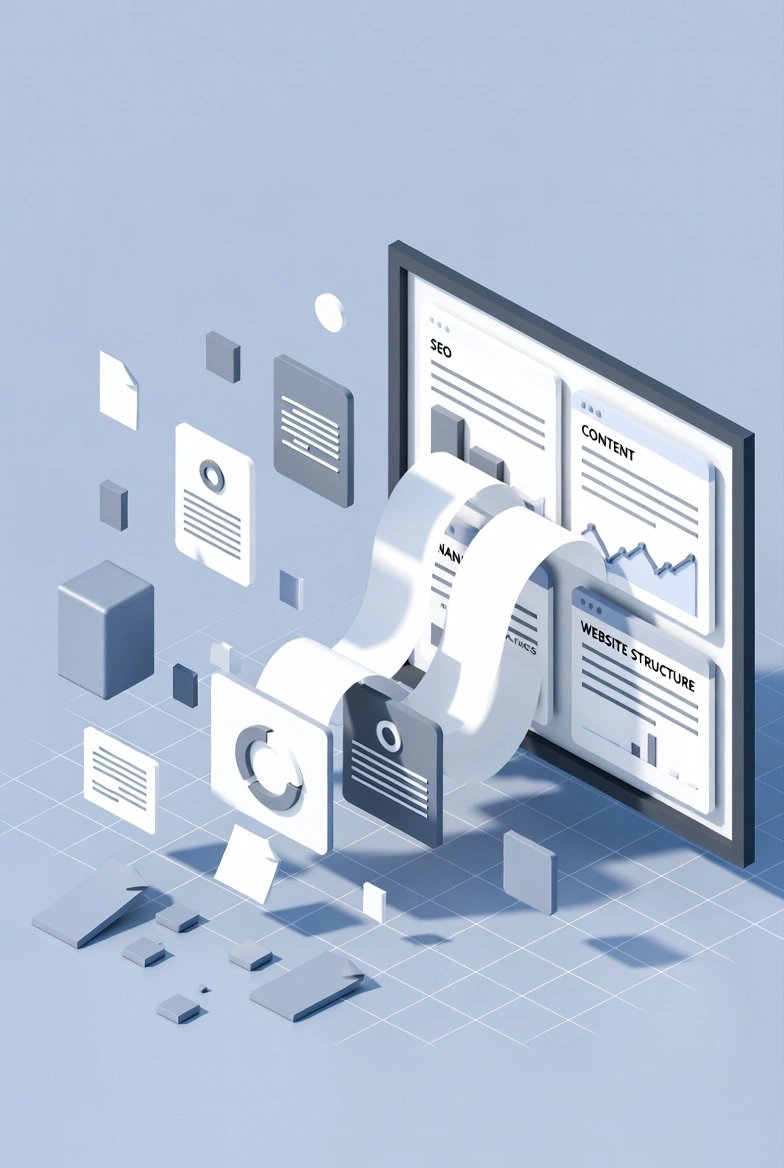 3D illustration of fragmented data transforming into a structured SEO workflow with content, analytics, and website structure panels connected in a system