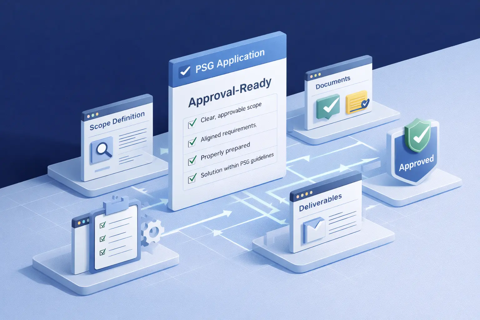 3D illustration of a structured PSG application process showing approval-ready checklist, scope definition, documentation, and deliverables leading to approval
