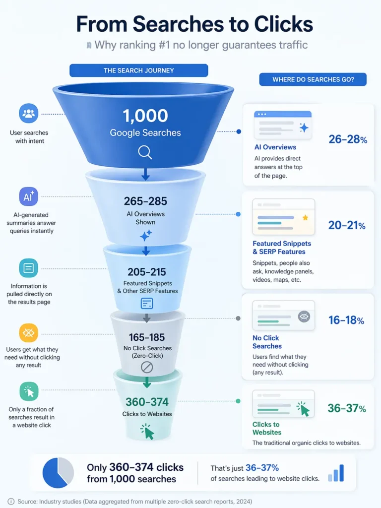 Infographic showing drop from searches to clicks due to AI summaries and zero-click results