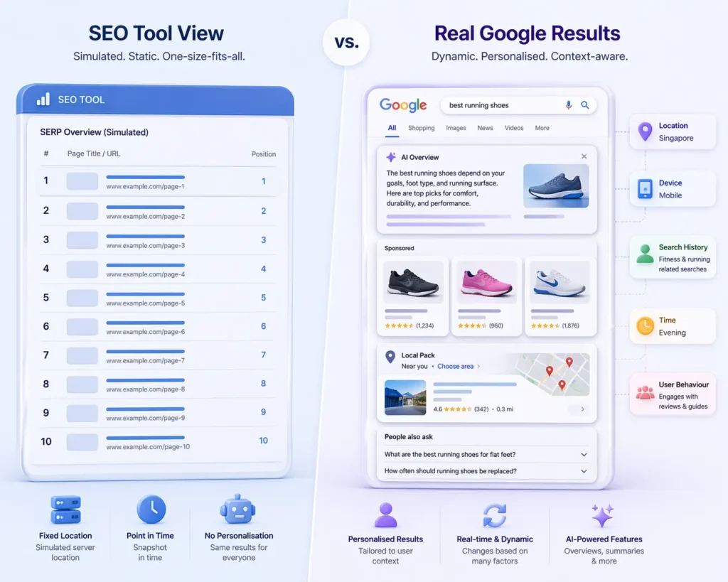 Comparison between simulated SEO tool rankings and real personalised Google search results