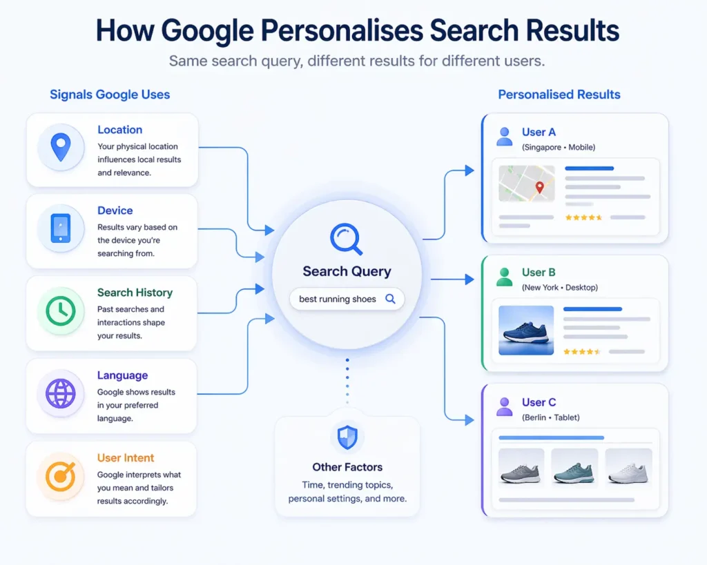 Infographic showing factors like location, device and user behaviour affecting Google search results