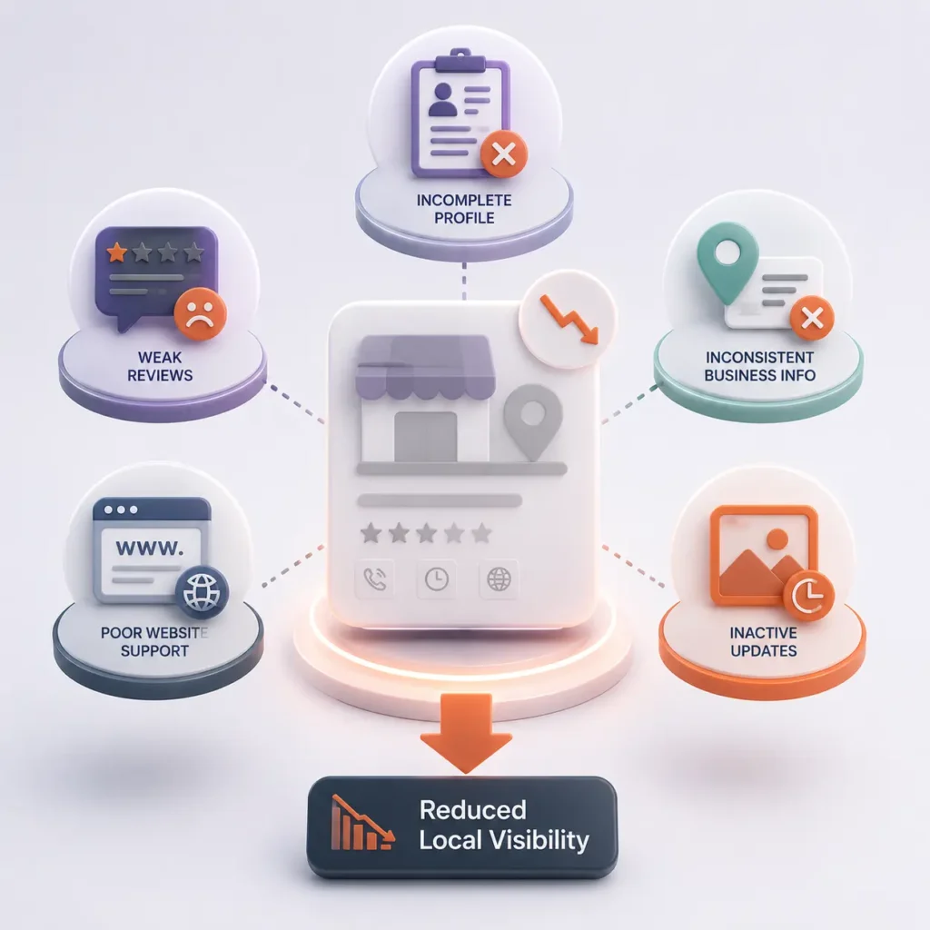 Simple 3D infographic showing weak reviews, incomplete profiles and poor website signals reducing Google Maps visibility
